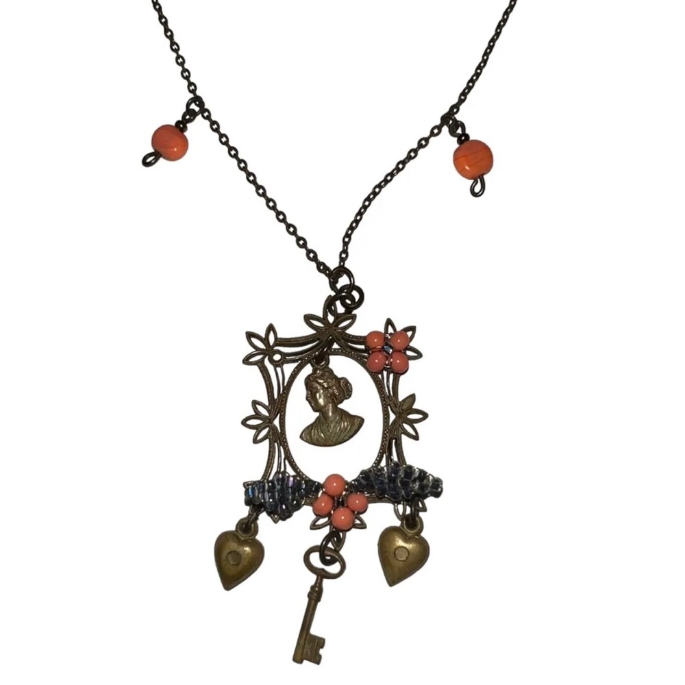 Vintage Bead & Rhinestone Drop Pendant Necklace 15-17” Brass - Picture 2 of 4
